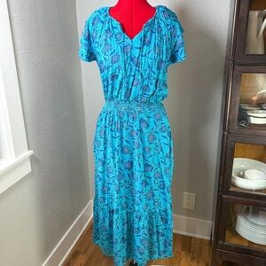 Destination 365 Caribbean Blue Floral Smocked Waist Tie Front Midi Dress Size S